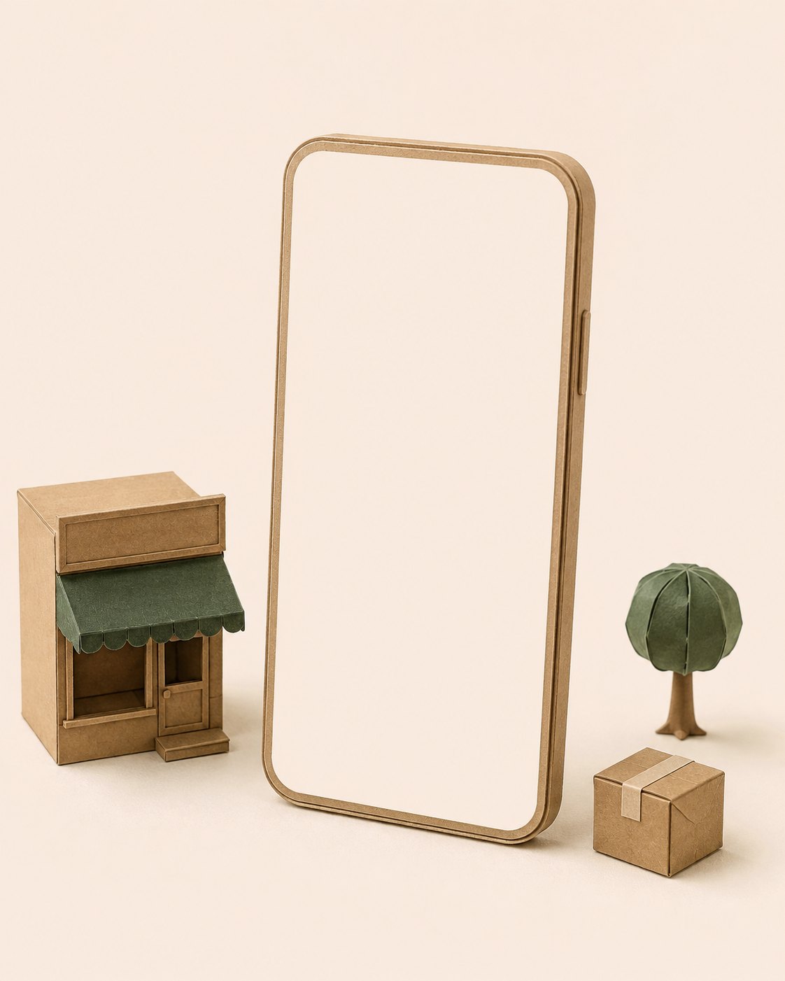 A paper-craft phone standing between a small shop, a tree and a parcel, its screen showing the checkout sequence.