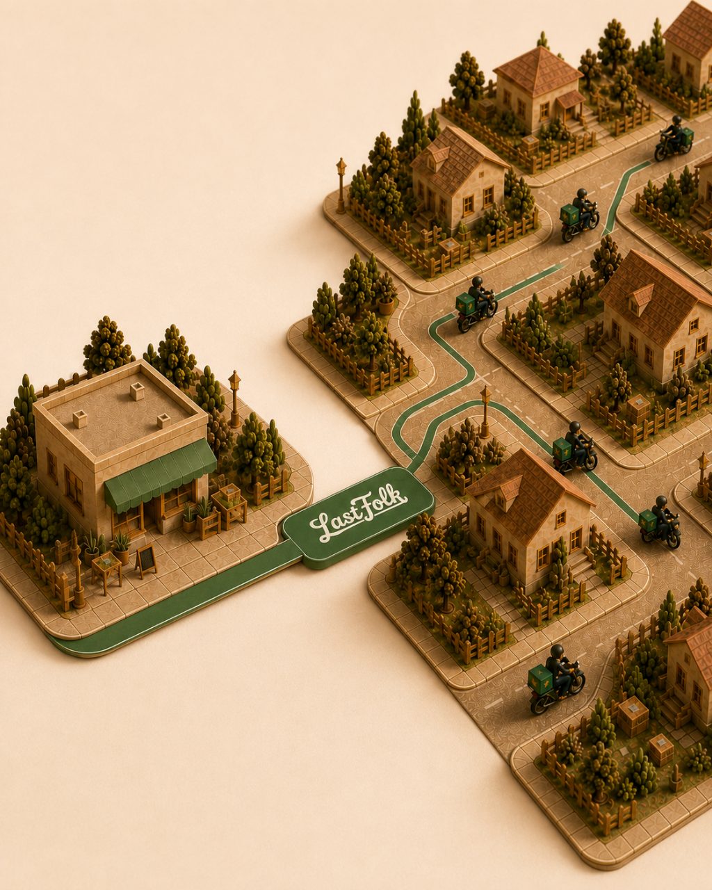 A paper-model neighbourhood seen from above: a small shop on the left, a grid of houses and couriers on the right, joined by a green link that carries the LastFolk logo.